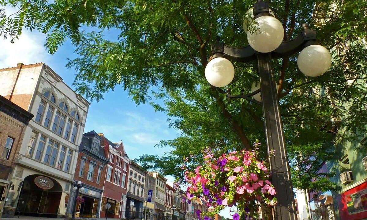 Decorative streetlamp with hanging flowers in front of historic downtown buildings and green trees.