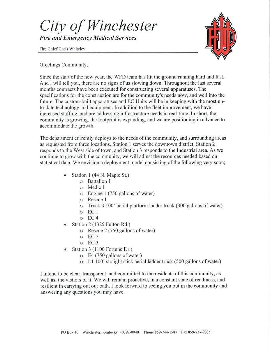 Document from the City of Winchester Fire and Emergency Medical Services outlining community updates, department resources, and station details. Includes a header with the city logo, a message to the community, and a list of fire stations with equipment such as engines, ladder trucks, and water capacities.