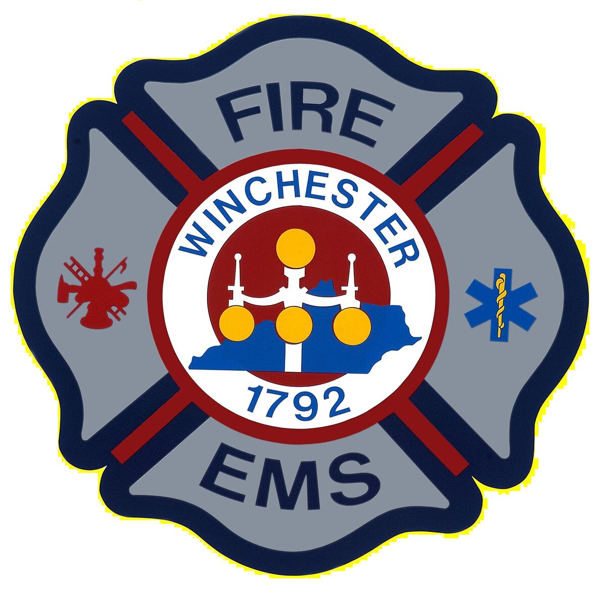 Winchester Fire and EMS logo featuring a Maltese cross design. The center includes a graphic of scales of justice over a blue silhouette of Kentucky with the year 1792, and side panels showing a fire hydrant and medical symbol.