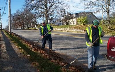 Two workers wearing reflective safety vests using rakes to clear leaves along a roadside. Houses and trees are visible in the background.